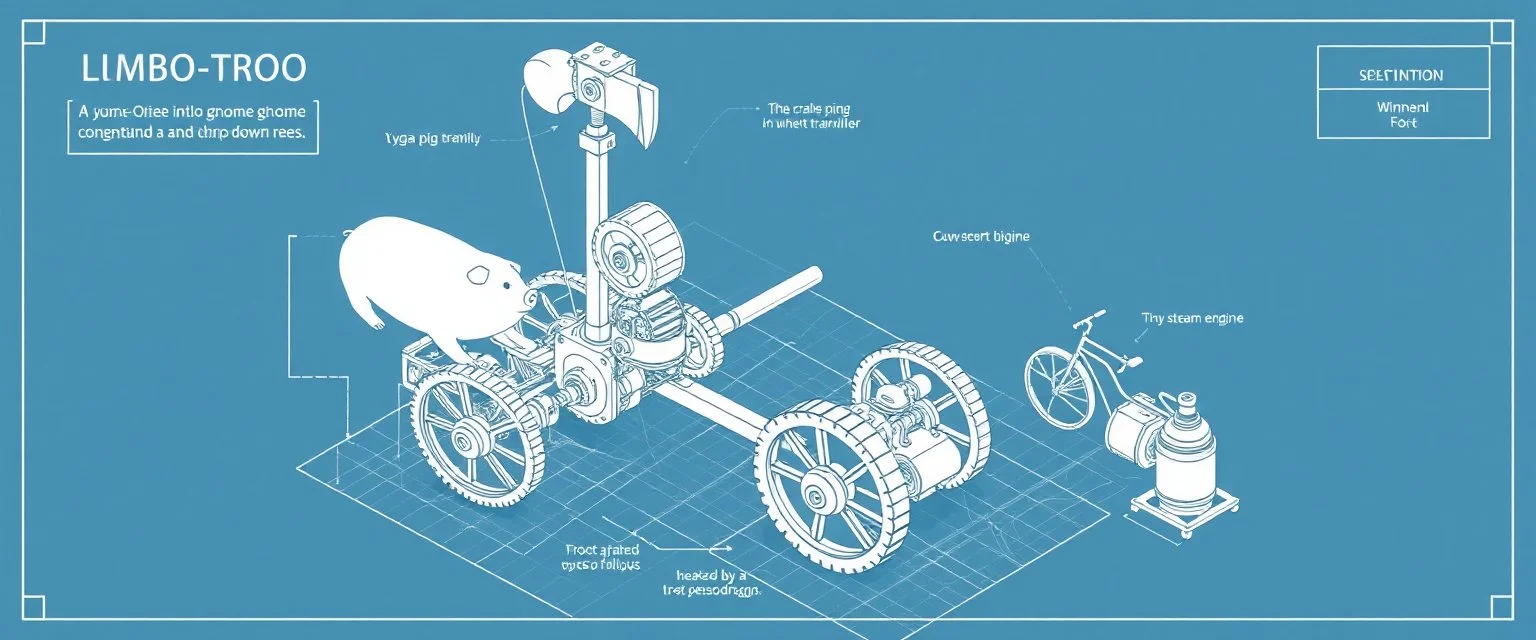 isometric blueprint of hi tech metal gear Gnome invention, winning prize at gnome convention, The Lumb-O-Tron A jury-rigged combination of a cart, pulley system, and an axe designed to chop down trees. The motion is powered by {a yoga pig in a wheel treadmill spurred by a carrot on a stick | a crude stationary bicycle | a tiny steam engine heated by a red pseudodragon in the chamber}