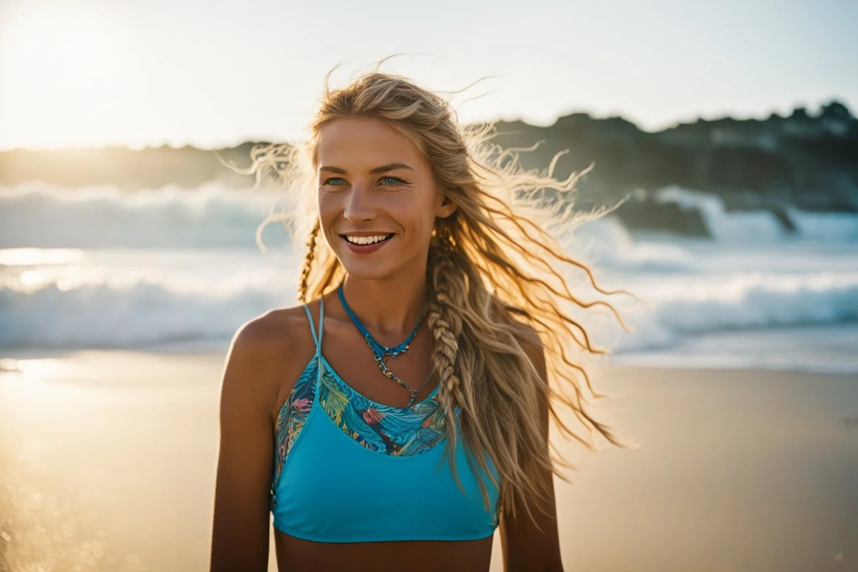 (in the style of Orion, by Masamune Shirow) A vibrant, hyper-saturated 35mm photograph captures a female free spirit, integrated into the chaotic atmosphere of the "Capbreton Surfing Underground Society." She stands confidently on a misty, dawn-lit beach, salt-crusted and grinning broadly. She has wind-swept, sandy-blonde hair, adorned with intricate, sun-bleached braids and colorful thread wraps. She wears a worn, hand-painted leather jacket with "CSUS" and psychedelic wave motifs stitched onto