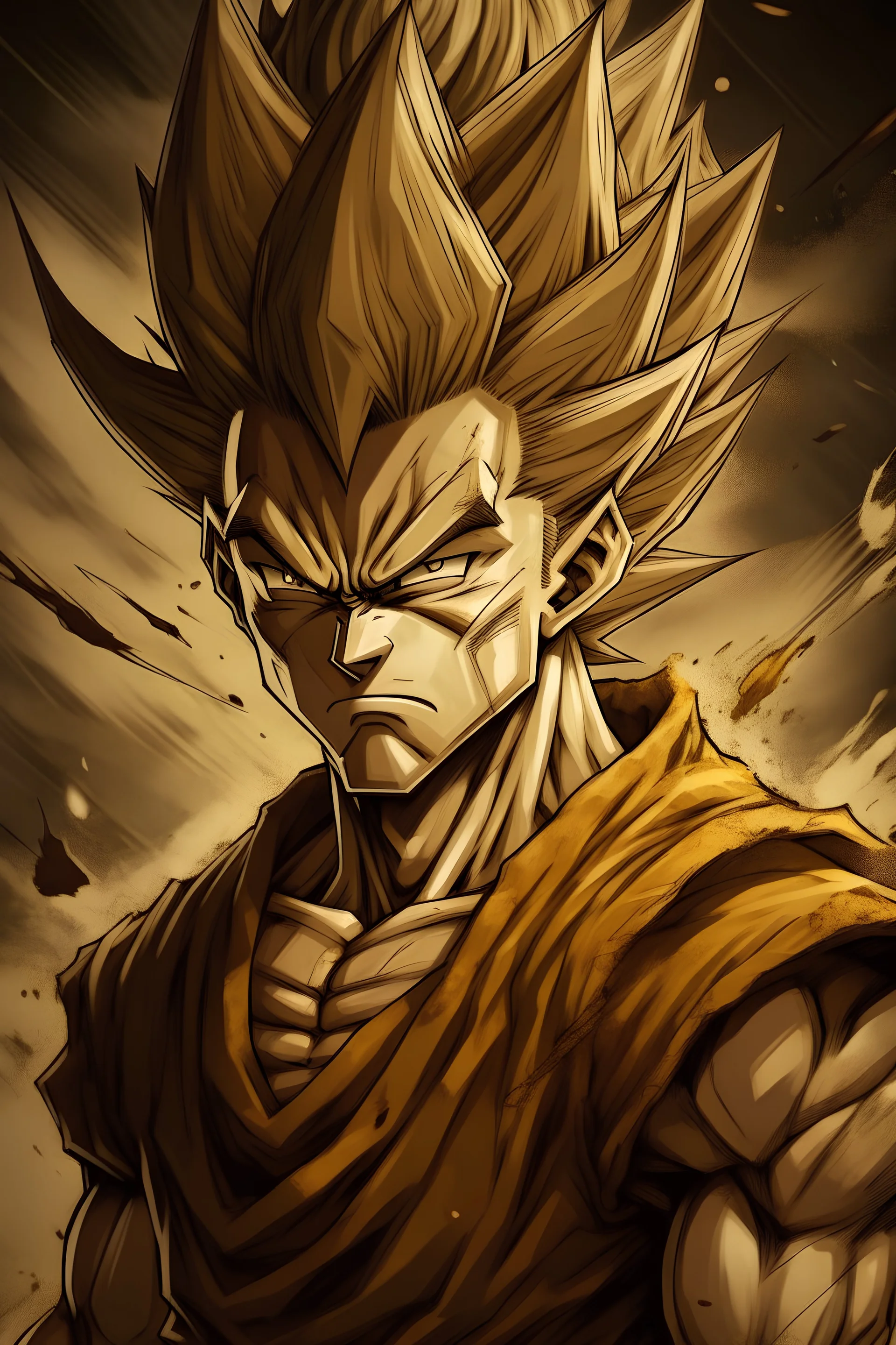dragon ball super wallpaper, in the style of dark yellow and dark beige, photo-realistic drawings, raw emotion, yombe art, heavy use of palette knives, hurufiyya, realistic depiction of light