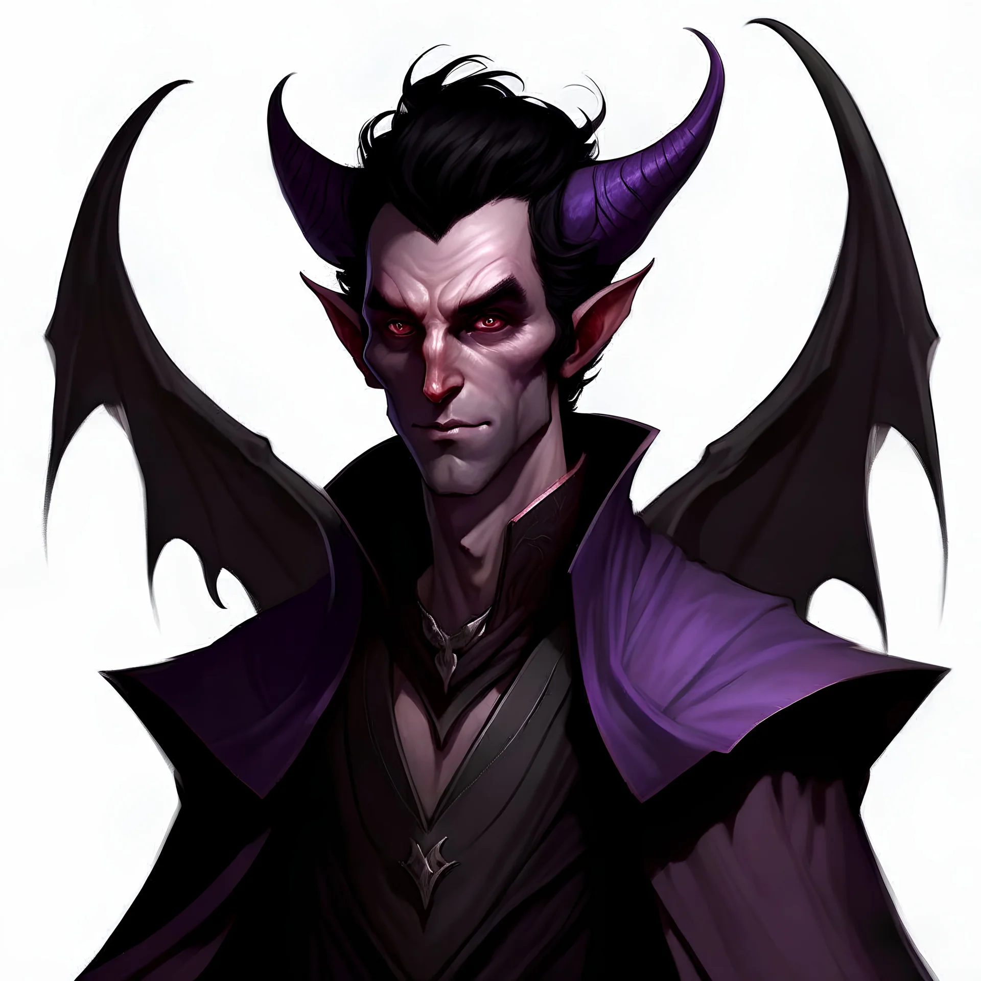 tiefling dnd, purple skin, bat wings, male, black hair, brown eyes