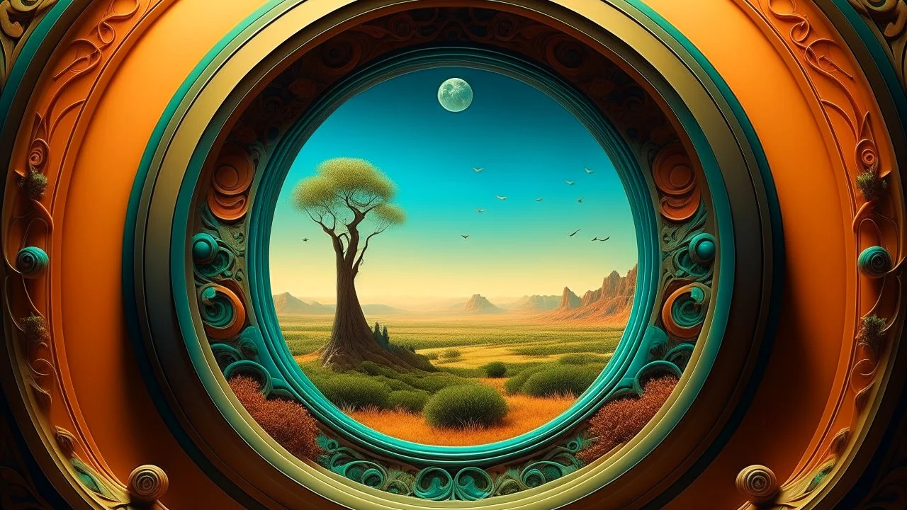 Surreal concept art of a circular window with intricate details, looking out into a dreamlike landscape, vibrant colors and soft lighting, by Salvador Dali and René Magritte.