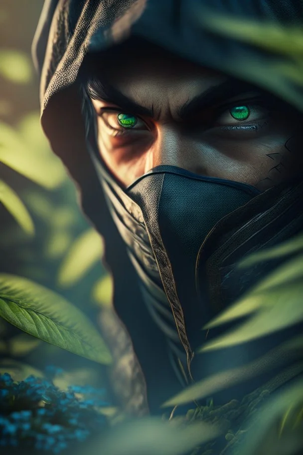 ninja portrait in garden, hi detail, 4k, clear focus, depth of field, color correction, studio quality, backlight