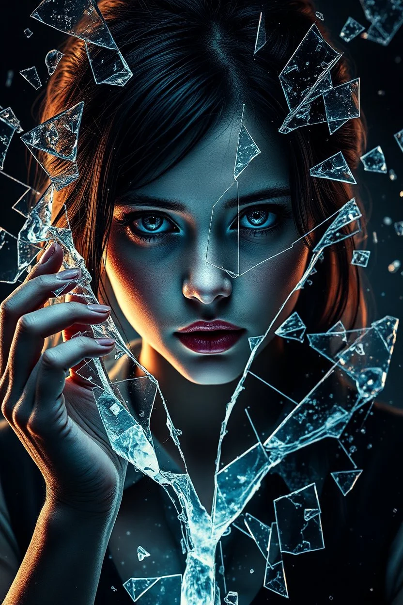 a high realistic explosding girl with fractured glass, she tries to piece herself back together again, high contrast, high textured, thriller, high detail, atmospheric, dark fantasy, dark colors, cinematic, high realistic