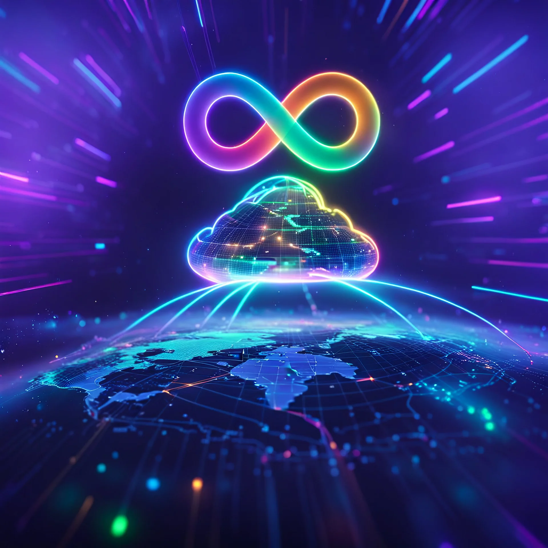 Colourful 3D glowing infinity symbol ∞, hovering above a colourful glowing cloud, network and lights coming from the cloud onto a futuristic map of the globe, inspiring, neon, glowing, friendly, beautiful, octane render, 8k post-production, artstation: award-winning: atmospheric: commanding: fantastical: clarity: 16k: ultra quality: striking: brilliance: liquid medium: stunning colors: amazing depth; lens: f/8, 28mm