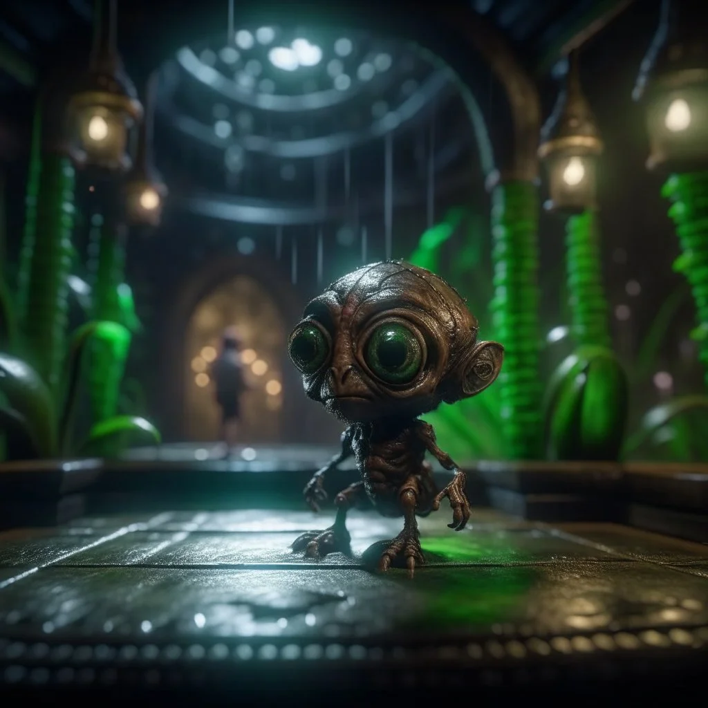 a lecture on blackboard of alien gremlin anatomy in dark lit reflective wet jungle metallic hall dome hotel tunnel, in the style of a fallout 4,bokeh like f/0.8, tilt-shift lens 8k, high detail, smooth render, down-light, unreal engine, prize winning