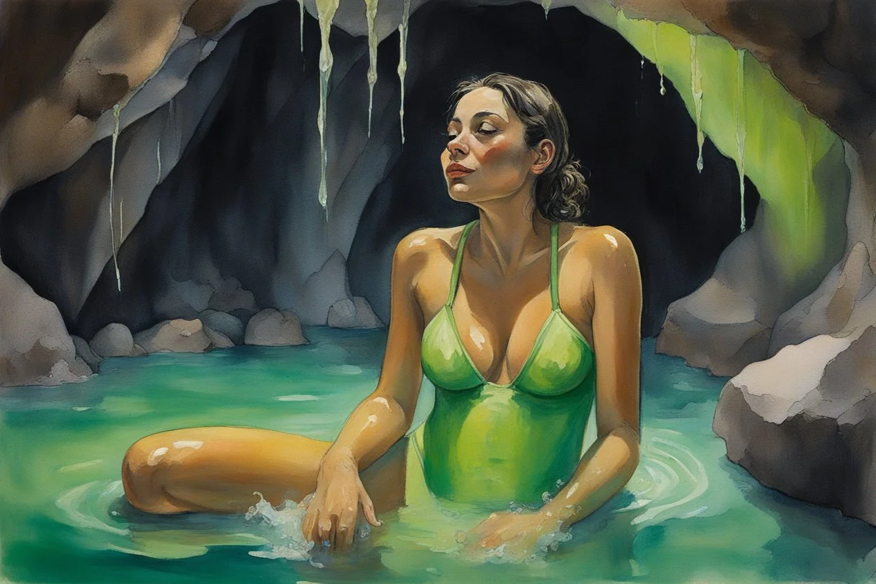 Close-up portrait of a woman in a bright neon green bathing suit sitting in the water of a cave bath, the walls and ceiling of the bath are dark brown clay-like, a few candles illuminate it suggestively, the woman is contentedly sipping champagne, lifelike watercolour, S<AI