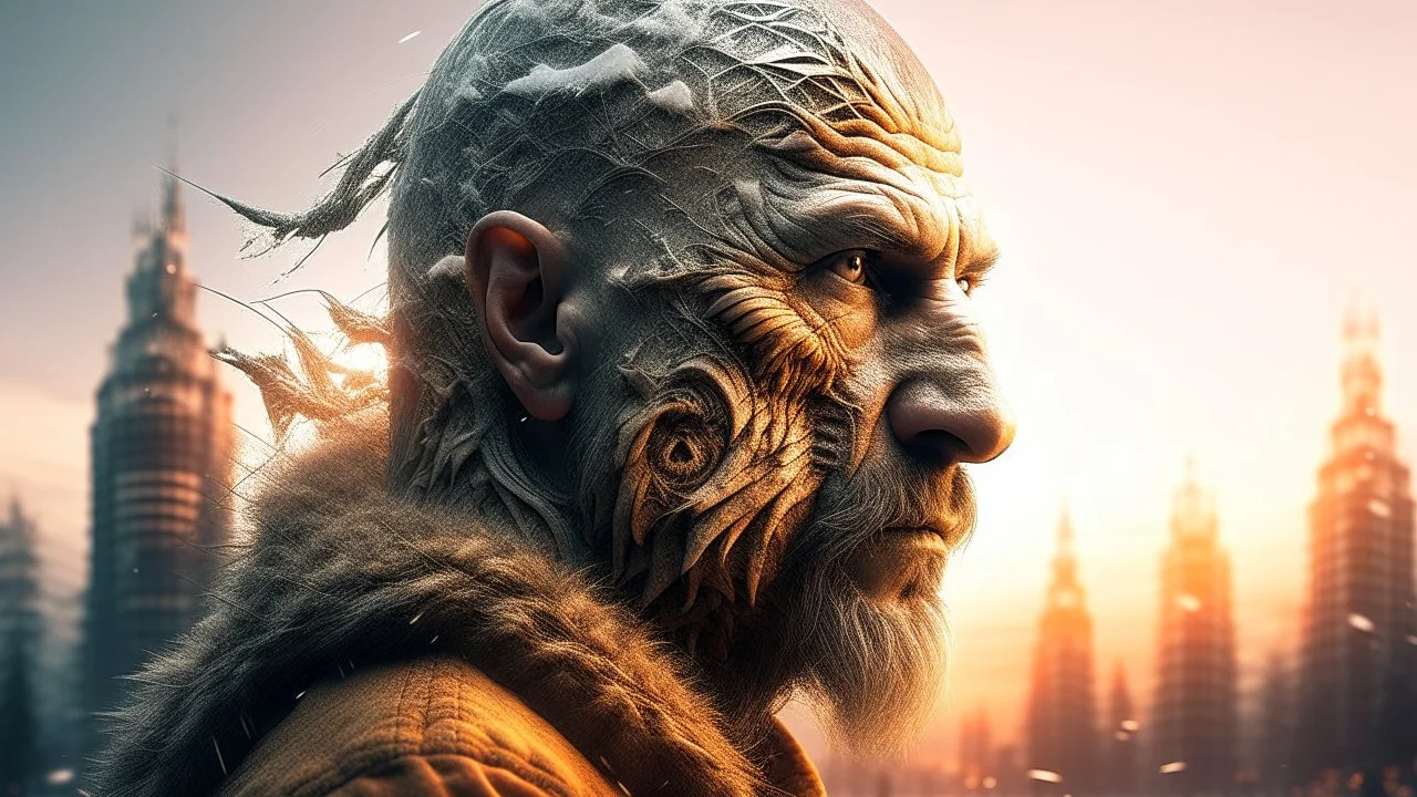 Double exposure, Wolfman, photorealism, man, city, sunset, snow, rain, fantasy, mystical, tattoo, vertical pupils, high detail, high resolution, 8K