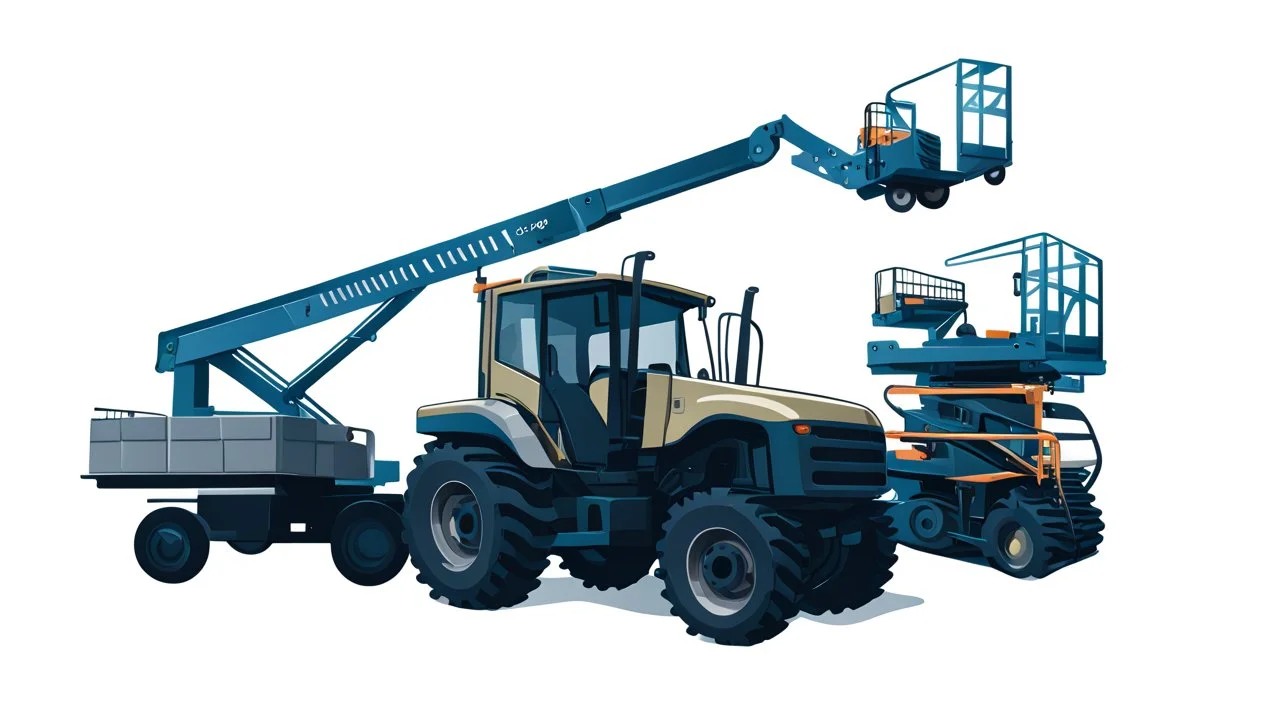 a generic Boom-lift(Left +extended forward overhead), tractor(Middle) and scissor-lift(Right) on a white background. Smooth vector