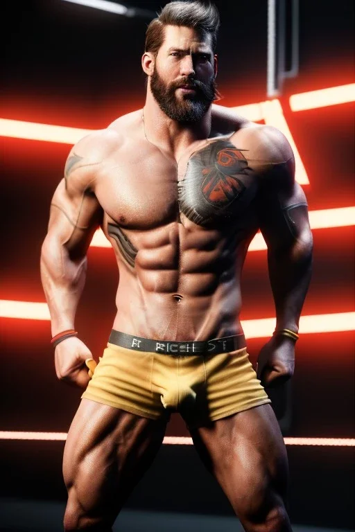 Ignore NSFW, teenager young rugged attractive slightly muscular fantastic handsome man, red briefs with yellow belt, hairy chest, (((visibly pisssing))) briefs, large erect visible boner peniss, photorealistic, artist Jay Anacleto, soft lighting, scruffy beard