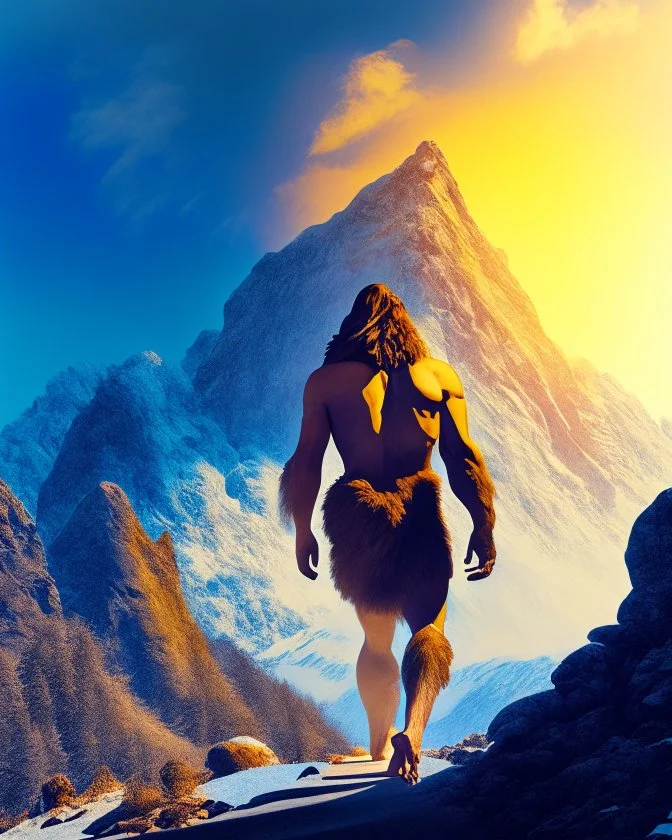 Imagina el hombre de Neandertal caminando por montañas colores complementarios arte digital foto realista obra de arte hiperdetallada intrincada sombras 3D iluminación cinematografica 8k 3D cuerpo completo clima soleado nubes