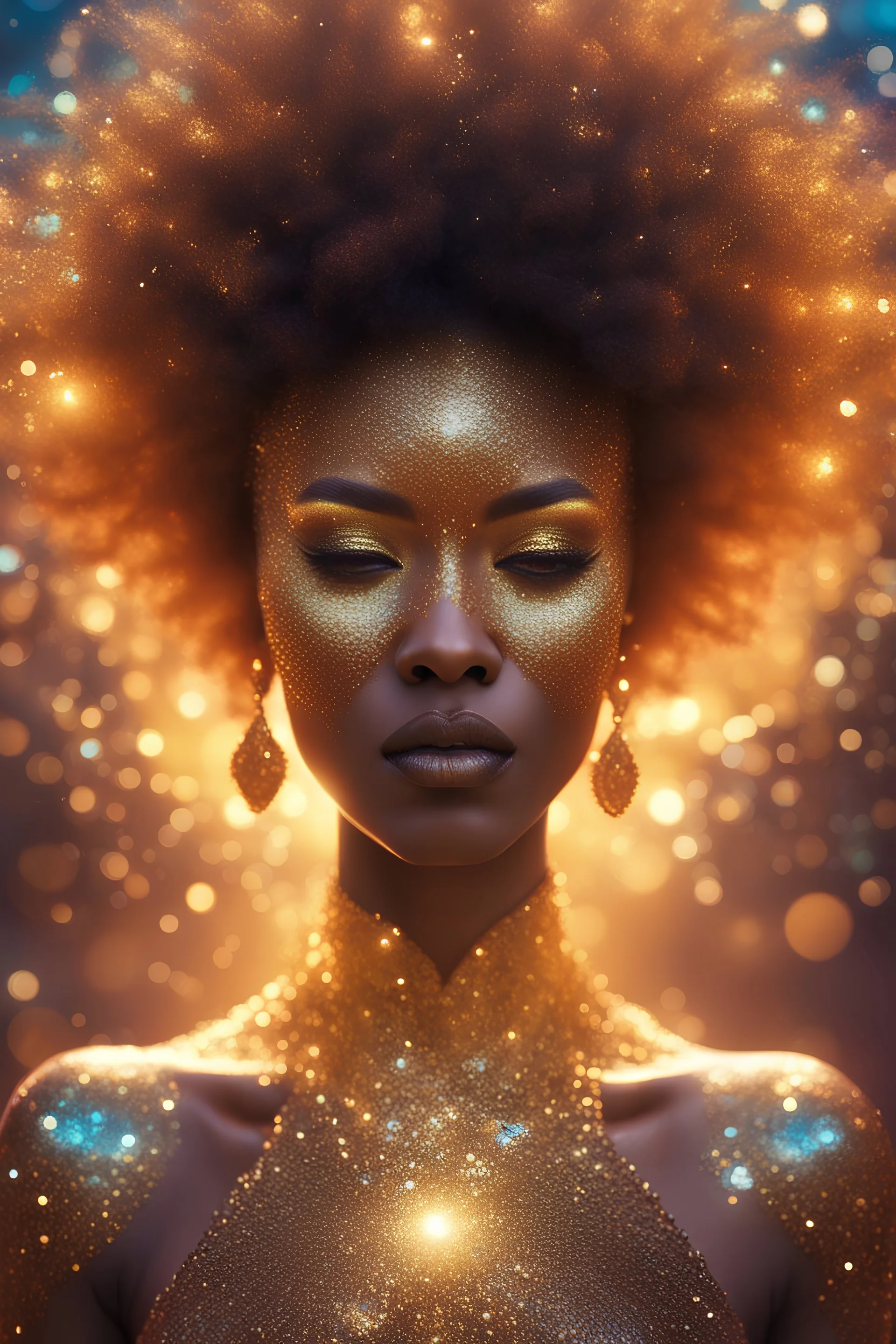 Afrofuturistic woman with glitter on her face, psychedelic interconnections, brilliant glow, overwhelming sparkle, intricate shimmering fabric, mystical surrealism, her luminous, hair overflowing with sparkling crystals, basking in a golden sunset glow, by Artgerm and Patrick Demarchelier, fiery aura, cinematic film still shallow depth of field, highly detailed, high budget, bokeh, moody, epic gorgeous reflection