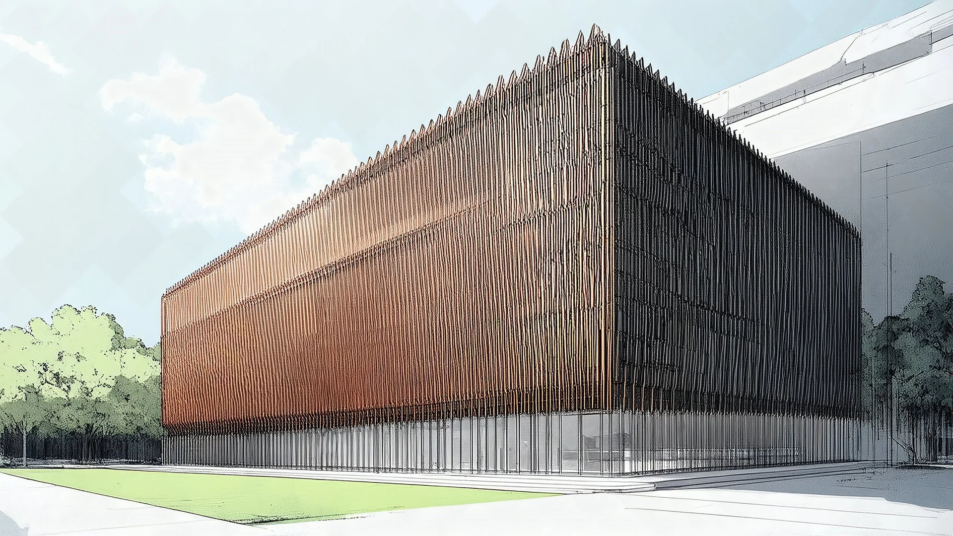 Morphology Form: Sector Operation: Spliced Program: Town Hall Scale: Large Modifiers Random: Minimalistic Context: Tropical Architect: Mies van der Rohe Architectural Style: Modernist Material/Texture: Copper Visualization Visualization Style: Sketch Representation: Axonomet