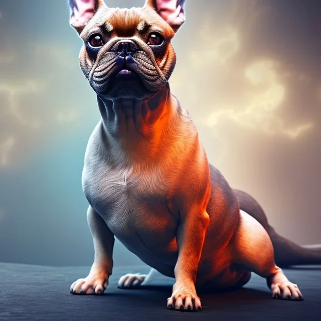 a detailed illustration of a french bulldog, phoenix bird wallpaper, luminescent body, full body, symmetrical body, realistic, glowing muscles, sharp focus, meticulously detailed, soft evening sky, 64k