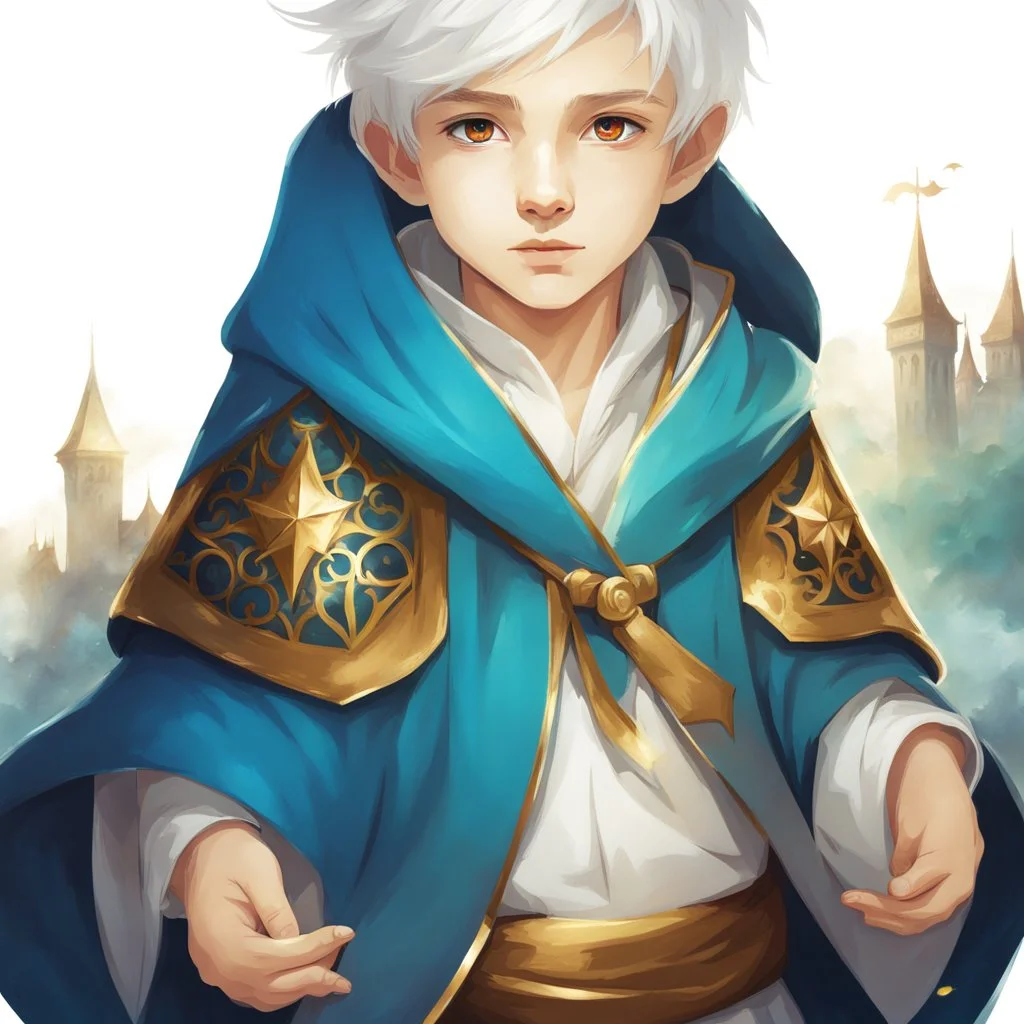 Fantasy World, A boy only wearing a closed wizards robe, and wearing a wizards hat. White Hair. Golden Eyes