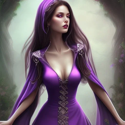 alluring slim witch of darkness in purple dress with very long brown hair