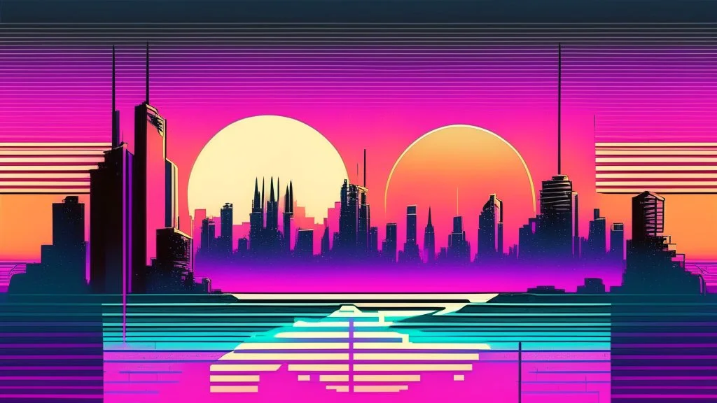 synth-wave, synth-wave one sun, synth-wave city, simple,iconic:1.8), synth-wave color in city, comic style