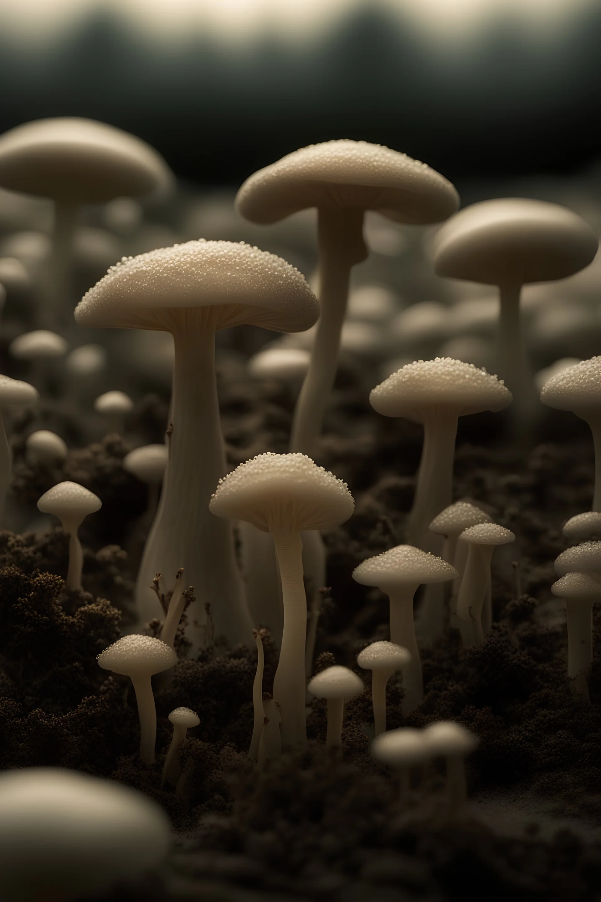 wide alien landscape in the background, flickering lights in the background, 35mm film hyperrealistic photography, film negative Art, Wabi-Sabi, creme and white, encaustic, award winning art, diffusion, dew on neuron mushroom made out of glass, macro_shot, tiny gimicalmas details in the foreground, natural lighting, amazing composition, subsurface scattering, amazing textures, soft light, bokeh, 3D, 32K, vivid, vibrant , highly textured