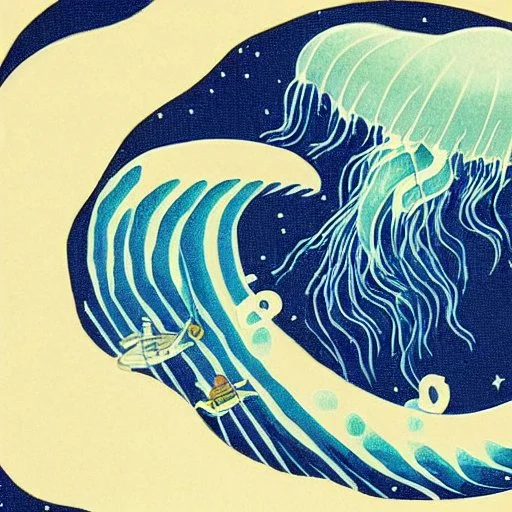 An astronaut floating in space surrounded by a halo of glowing jellyfish, done in the style of Hokusai's The Great Wave off Kanagawa