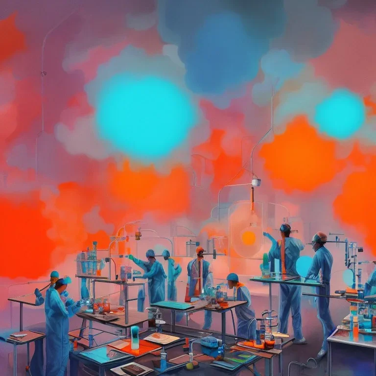 group of scientists is in the laboratory. invent new colors. smoke rises from multi-colored glassware. they are wearing overalls. color swatches in the background. hyperdetailed, orange and teal, warm colors, detailed painting, digital illustration, oil on canvas, light dust, futuristic.