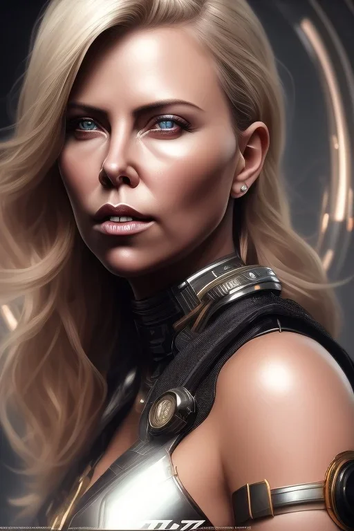 a Photorealistic dramatic hyperrealistic charlize theron cyberpunk paint ,Crystal black eyes, elegant,Artgerm, Beautiful dynamic,shadows,Artstation,concept design art,Octane render