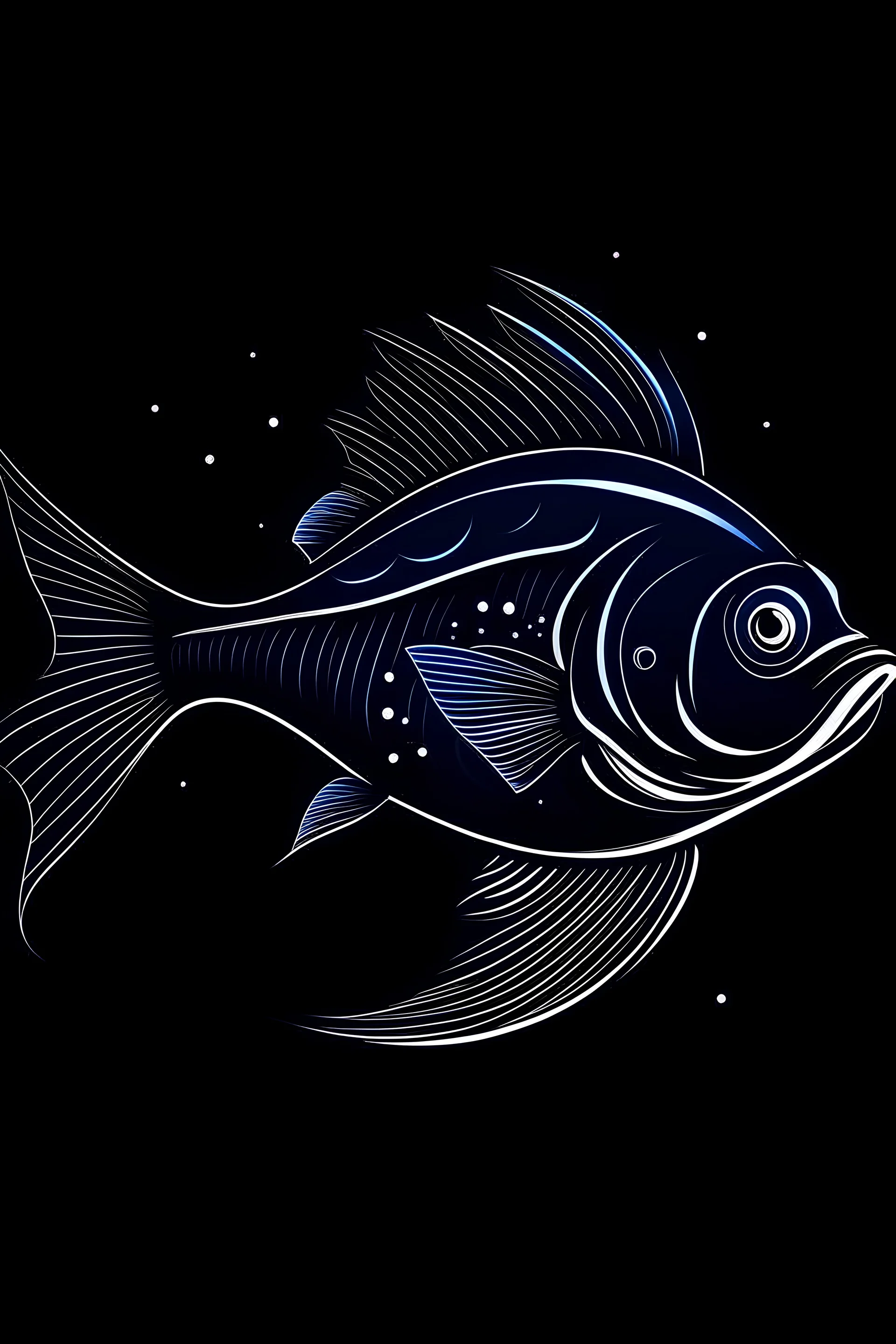 A sleek, silver fish with a single, neon fin, cruising through a starry night sky. Style: Art Deco, Mood: Mysterious and Glamorous, Lighting: Deep blue with neon highlights, T-shirt design graphic, vector, contour, white background.