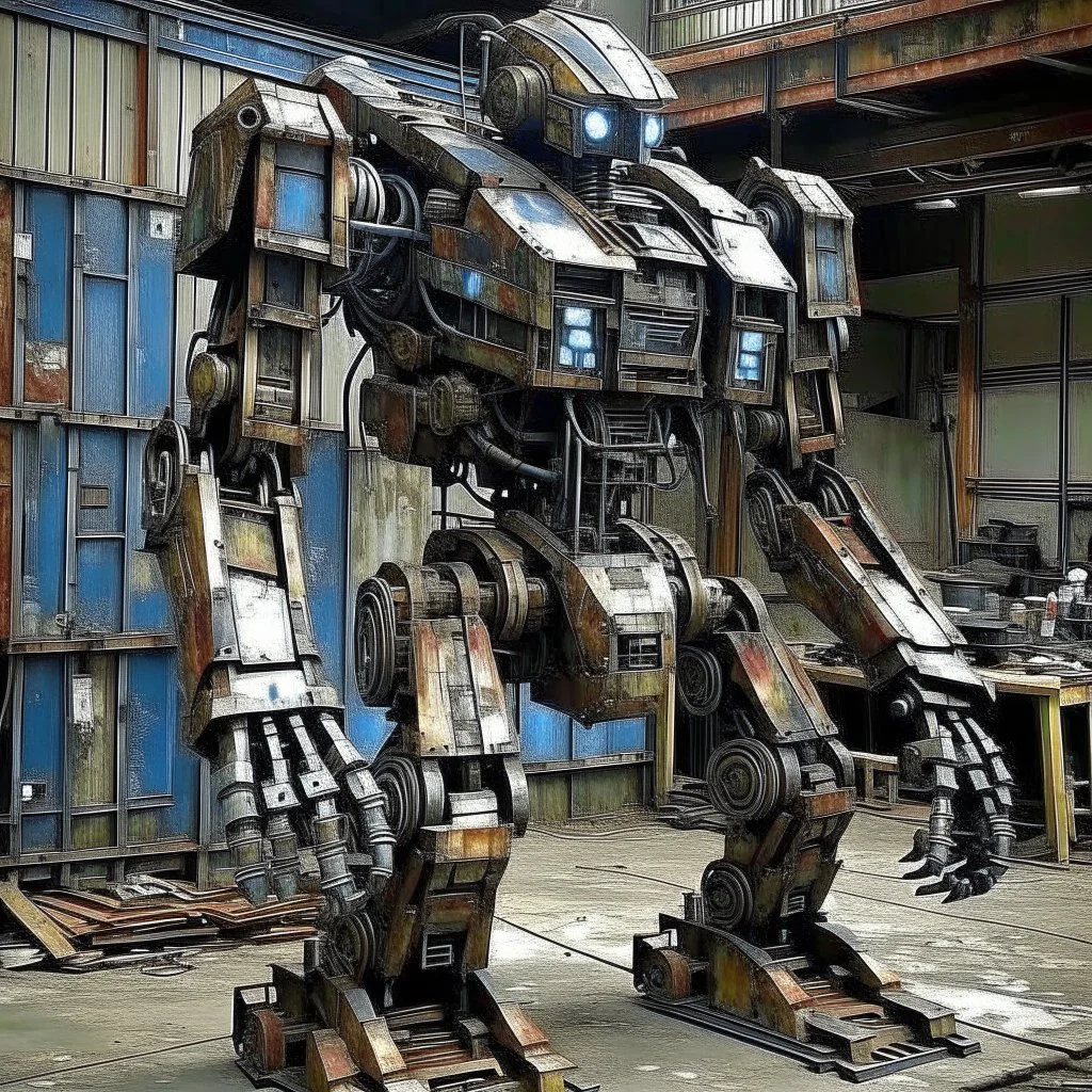 trash mech suit, human sized, made of scrap metal