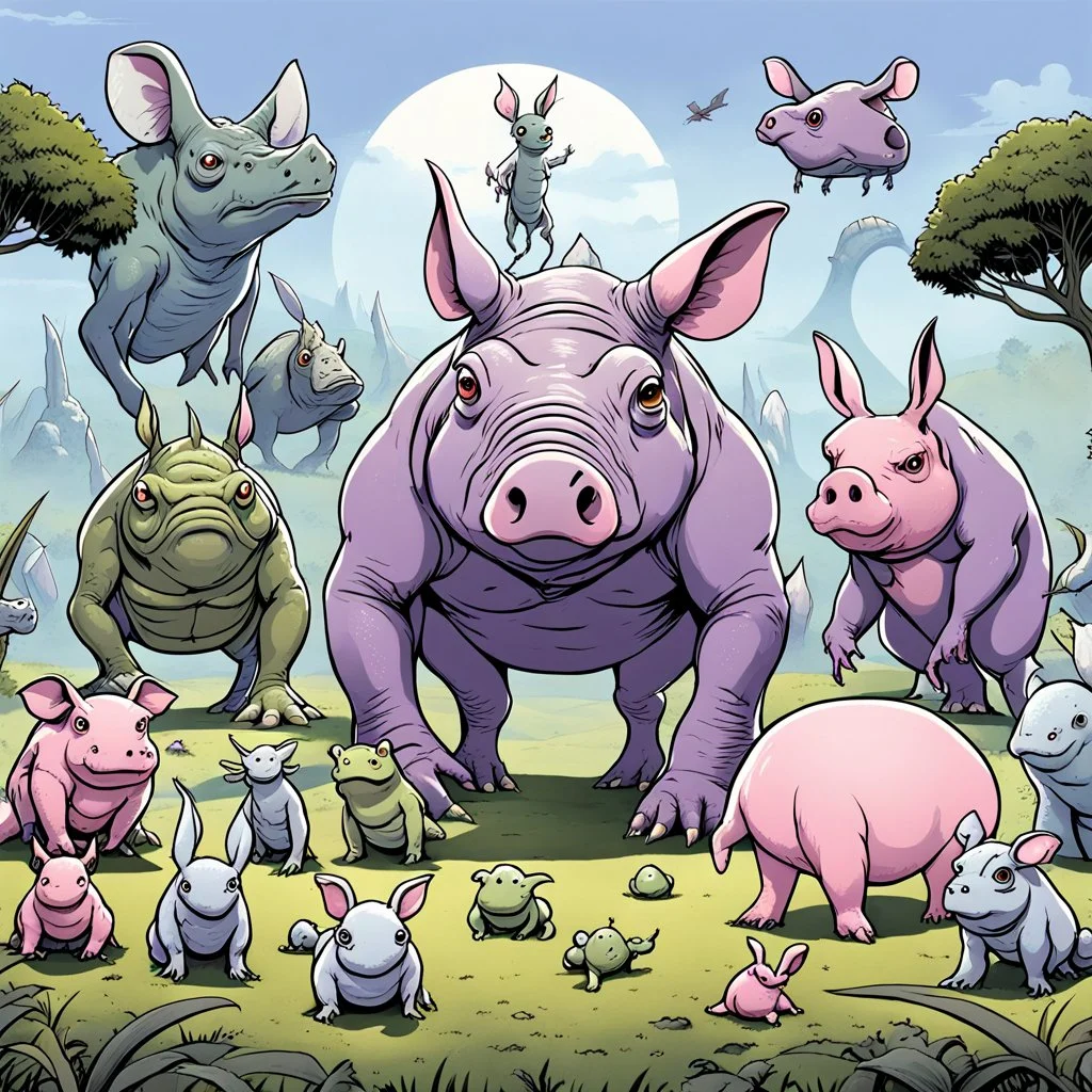 a lot of creatures standing back to the camera, some like an mutant strong pale purple pig like creature, rhinoceros like mutant, and others large strong body alien, a bristled mutant, a pig-like creature, a mutant rabbit alien with big eyes, a gray anthropomorphic big rhinoceros, all creatures looking at frog, opposite the camera one fat anthropomorphic frog with gray-green color shiny skin wearing human clothes and standing in front of a modern restaurant door and facing the camera