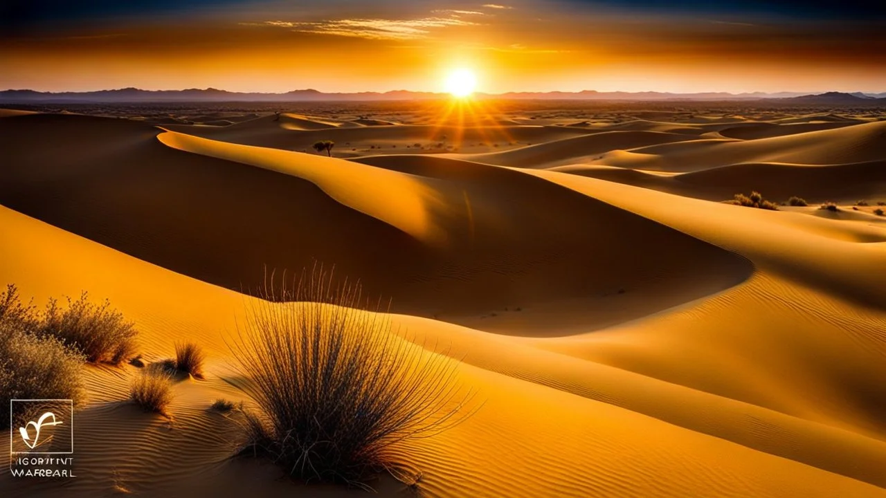 Draw a vast desert landscape with dramatic lighting that captures the texture of sand dunes under a golden sunset. The shadows should be long and the sky should have a gradient of warm tones.
