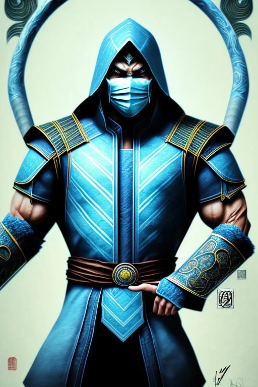 Sub Zero from Mortal Kombat, ink artistic conception, with typography elements, abstract, complementary colors, simplicity, Chinese painting, white background, 8k,