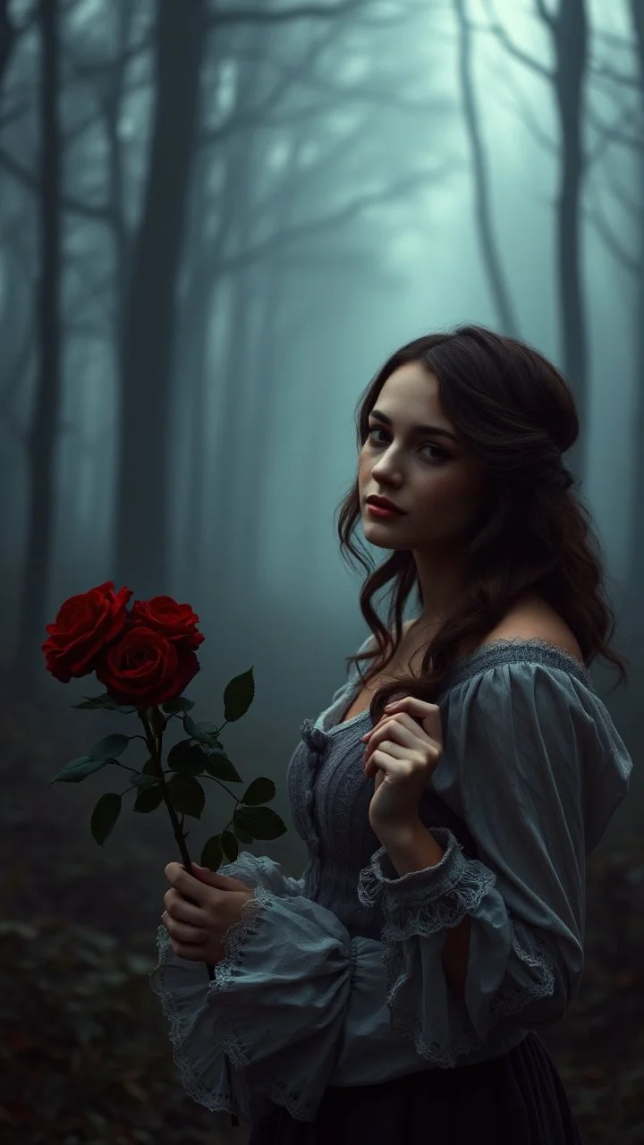 Vintage portrait of a beautiful woman carrying dark red roses in her hand , standing in a misty and foggy forest background, eerie twilight lighting