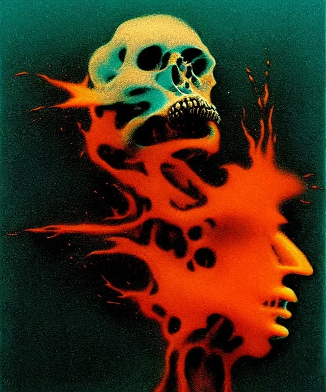 broken skull. black background. smoke and explode. particles in air. teal and orange. abstract. beksinski.