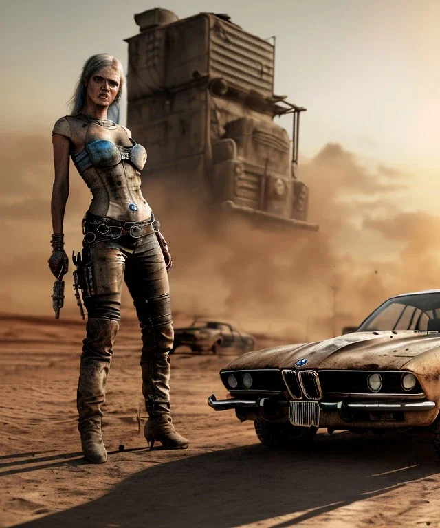 Realistic image. Portrait. Mad max car. Sweet pretty woman cyberpunk in the foreground. BMW 4 series. 4k resolution, intricate details, ornate details, soft lighting, vibrant colors, mad max background