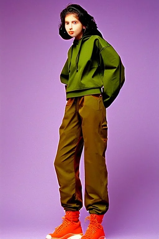 year 1994 women fashion. "summer combat suit trouser" with low waist, baggy, Combat pants, t-shirt and interesting hoodie with high tippet integrated to bolero. Colors: denim blue, blue, purple, khaki, "light and bright green", lilac, plum, orange, terracotta, red, pink, dark blue, beige. Women models. Starling pattern prints.Jennifer Lopez, Gwyneth Paltrow, . Big tennis shoes on. Cargo pants.