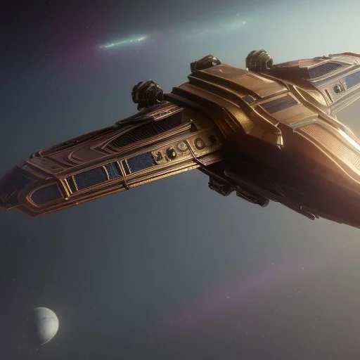 huge ornate spaceship made of brass flying through space