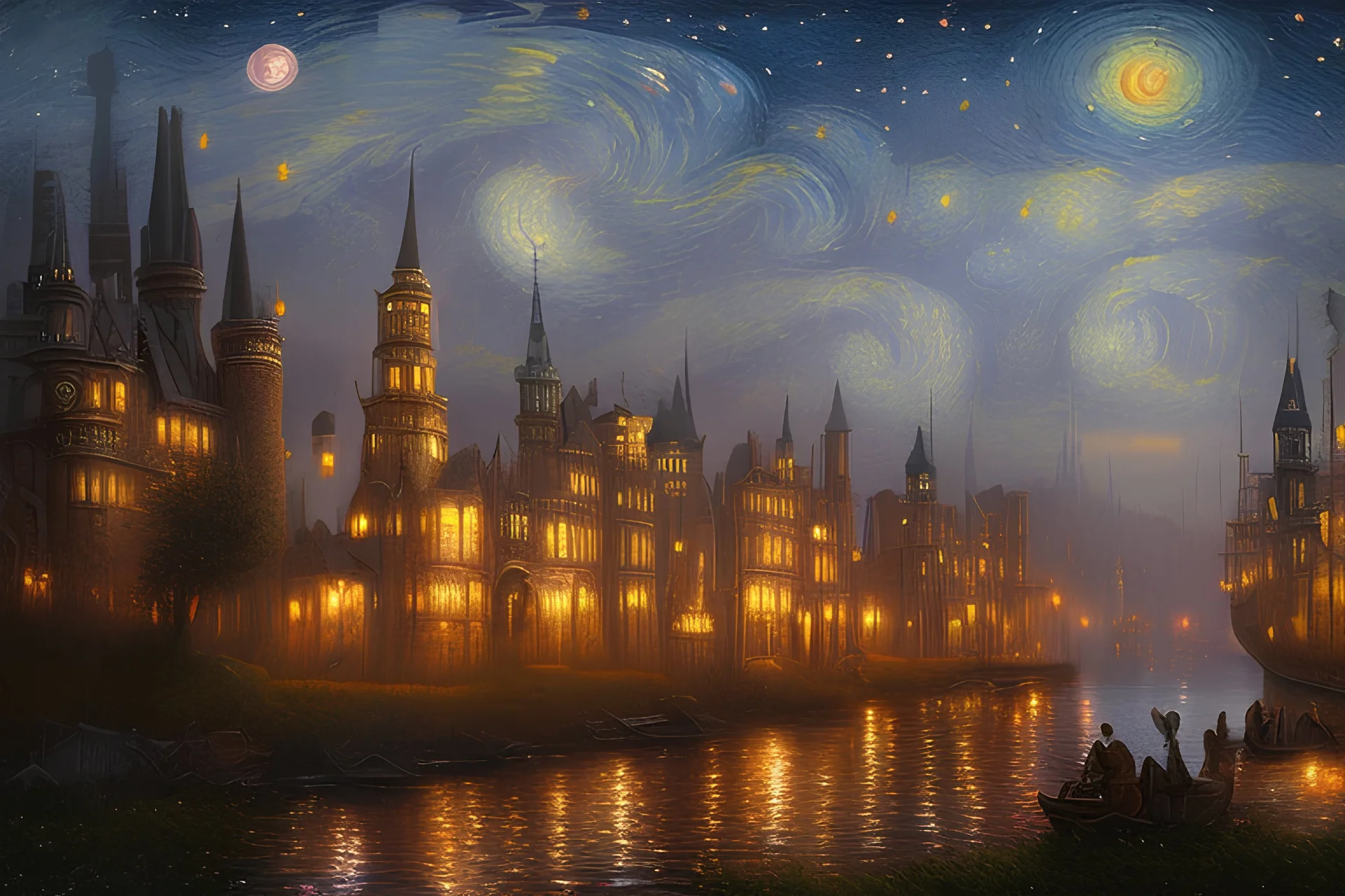 gothic painting of a victorian city in a fantasy starry night