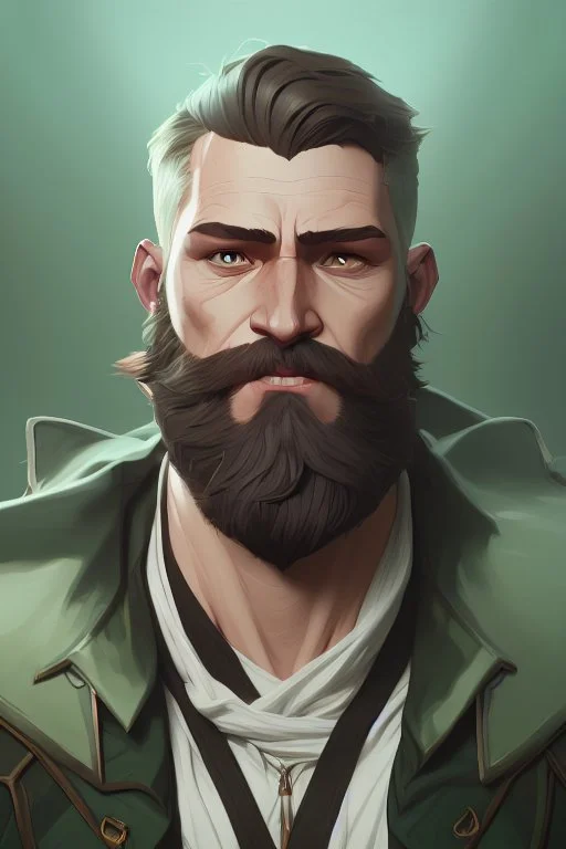 photorealistic white male bearded handsome, hyperdetailed painting, luminism, Bar lighting, complex, dark green miltary armor, 4k resolution concept art, Artgerm, WLOP, Alphonse Mucha, 3d render, octane render, intricately detailed, cinematic, awesome full color, hand drawn, dark, gritty, cinematic