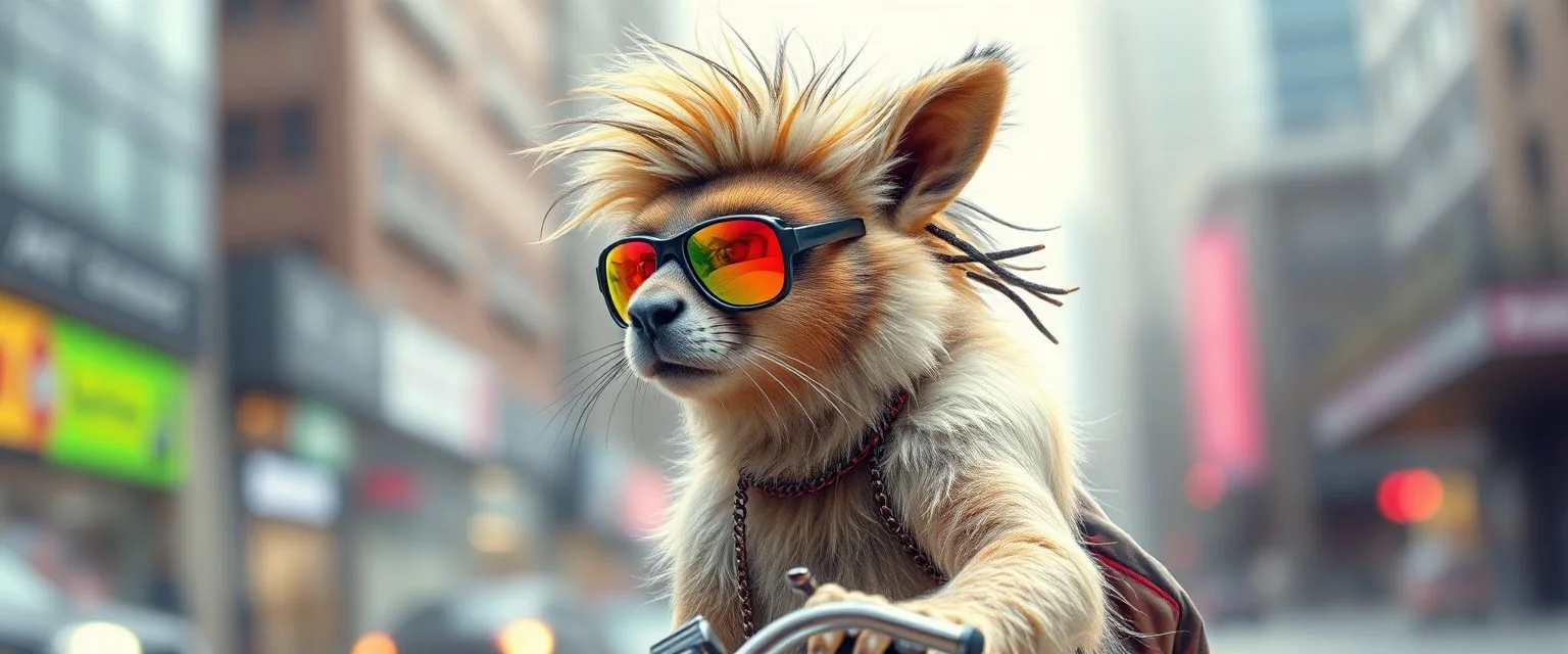 transparent biker weasel rasta man with cute fur, in big cyberpunk city crossover, volume light and motion blur, airbrush and pen outline