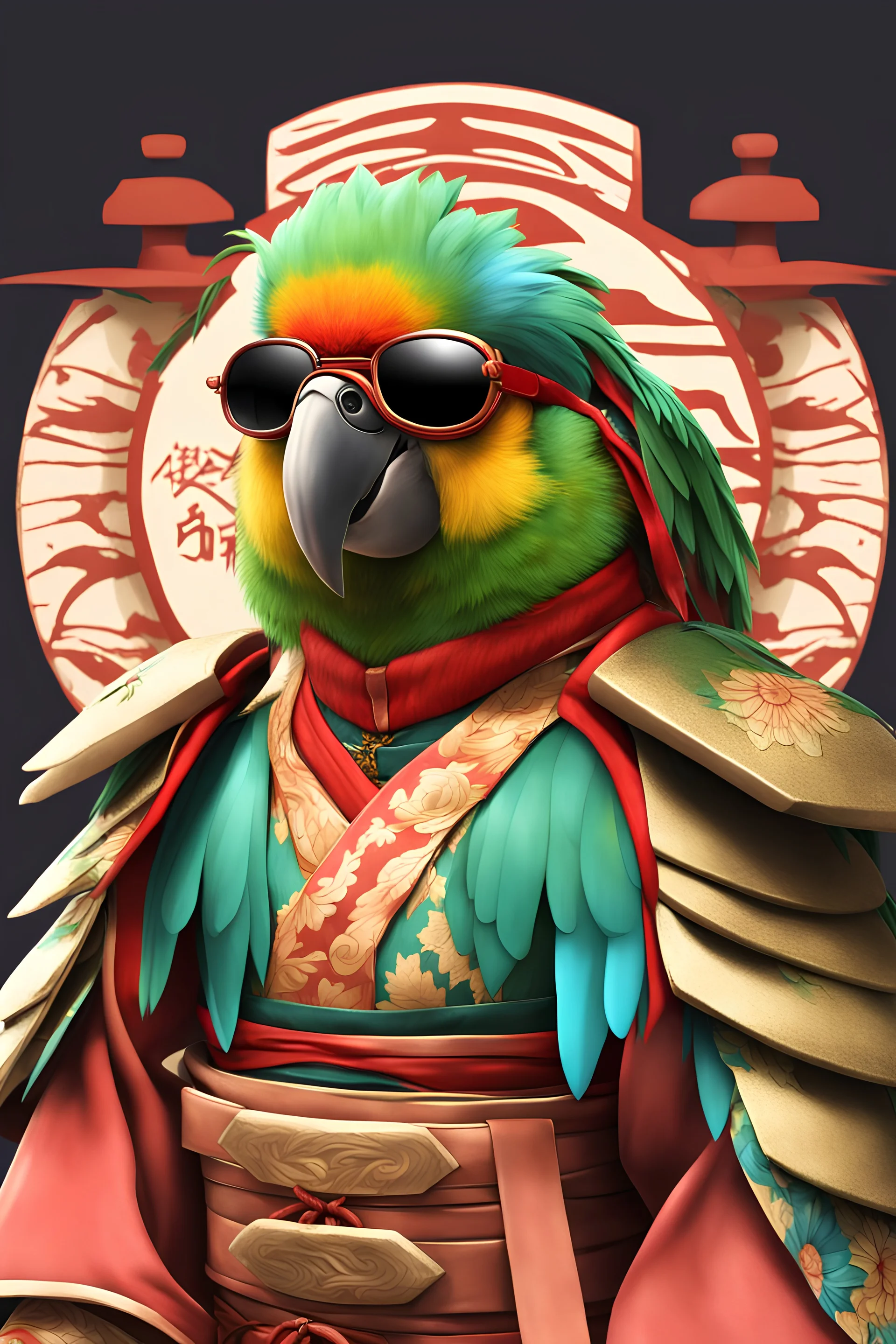 A cute parrot in samurai dress in Japan, portrait of half body, wearing sunglasses ,Photorealistic, next level resolution, 4k, ultra quality, hyper realistic