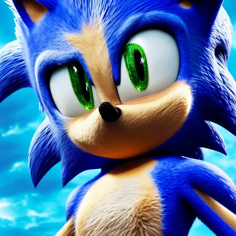 sonic the hedgehog, hiper realistic, render, 4k, unreal engine, photo realistic, closeup , high detail, volumetric lighting, tiny features, intricate detail,