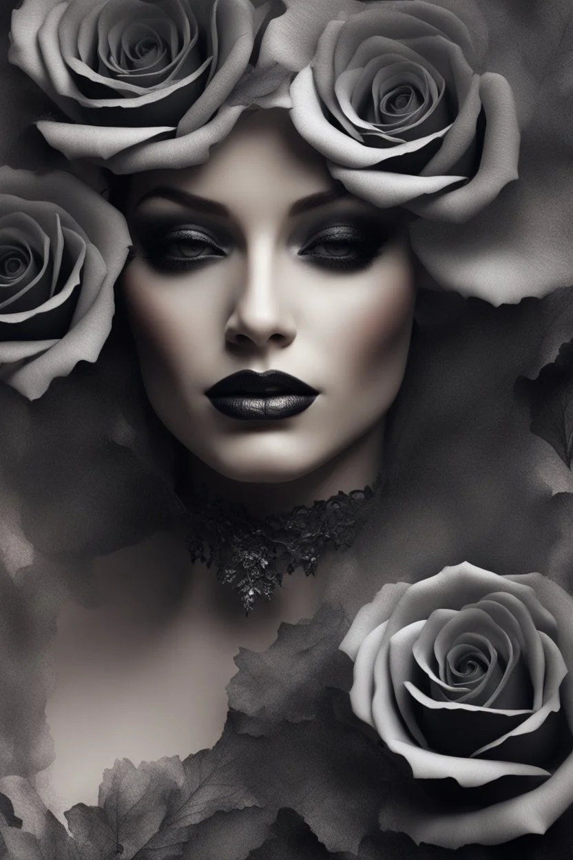 Close-up image of a beautiful woman's face inside of a black rose, Smoky, 8k quality, extremely realistic, gothic, exceptional creation, fantastic, highly detailed