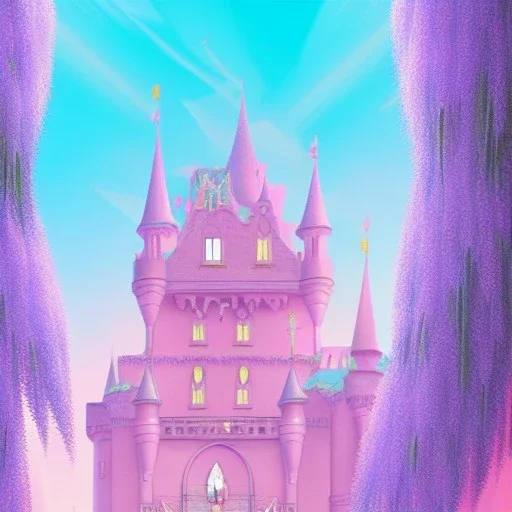 a pink castle, magical crystal pink castel, vertical light, pink and blue wisteria , pink vertical, blue lake,sharp, background vertical blue gradient vertical, elegant, highly detailed, artstation, concept art, smooth, sharp focus, illustration, 8k, splash art, wallpaper, key visual