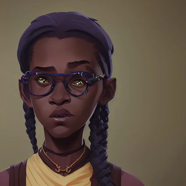 Portrait of a pretty 9 year old African witch with bushy hair and glasses by Nick Harris