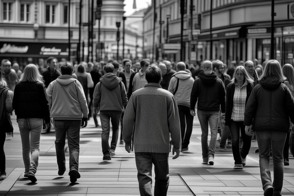 hombre caminando por el centro de una ciudad entre personas que vienen y van- Fotografía realizada con cámara Leica y objetivo 50 mm. realismo. realidad