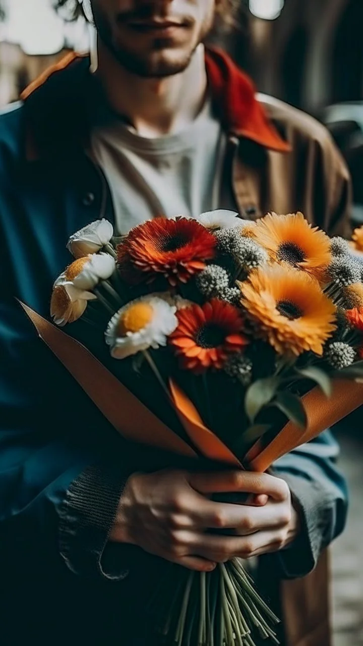 An image of a man holding a bouquet of flowers . --auto --s2