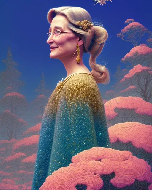 beautiful illustration of merryl streep in the mountains, in the style victo ngai and sam guay and abigail larson and moebius, rim light, vibrant moody colors, plain background, soft lighting, unreal engine