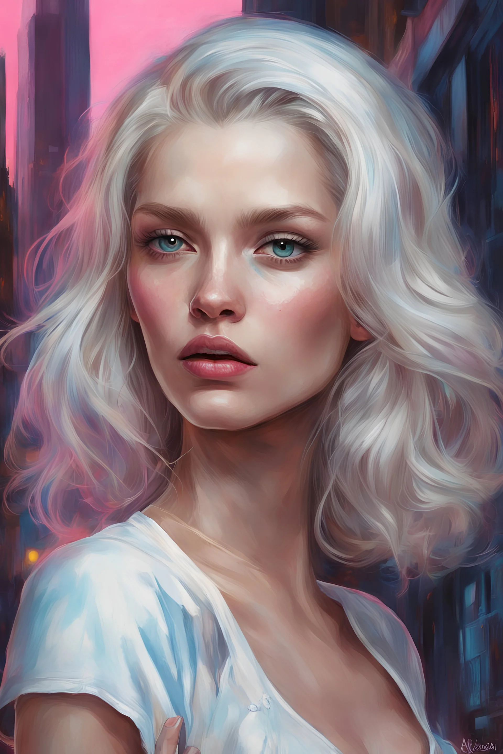 Alexandra "Sasha" Aleksejevna Luss render eye candy style city oil paiting by artgerm display style style dream, symptom, image artgerm display style punk anarchists Gustav Klimt style artgerm display in the Miami Vice the 2024th century t shirt on