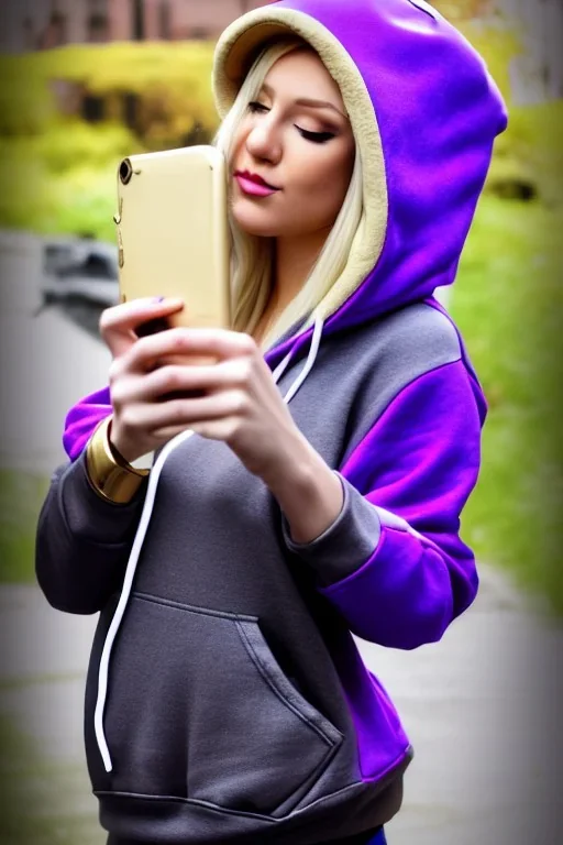 blonde taking selfie.thick thighs,thick calves,flat belly,curvy fell. NOVEL kind of hoodie, form which condescends with integrated bag[SIC]. It is sewed together of camouflage pieces, whose color are all denim colors,cream, brown and purple. Big colored headphones (gold rings!) is merged with small felt cap with small visor. Big bright purple felt tippet and birght-colored-hood is merged with colorful beanie. Inside is orange. Style: 1990's Finland