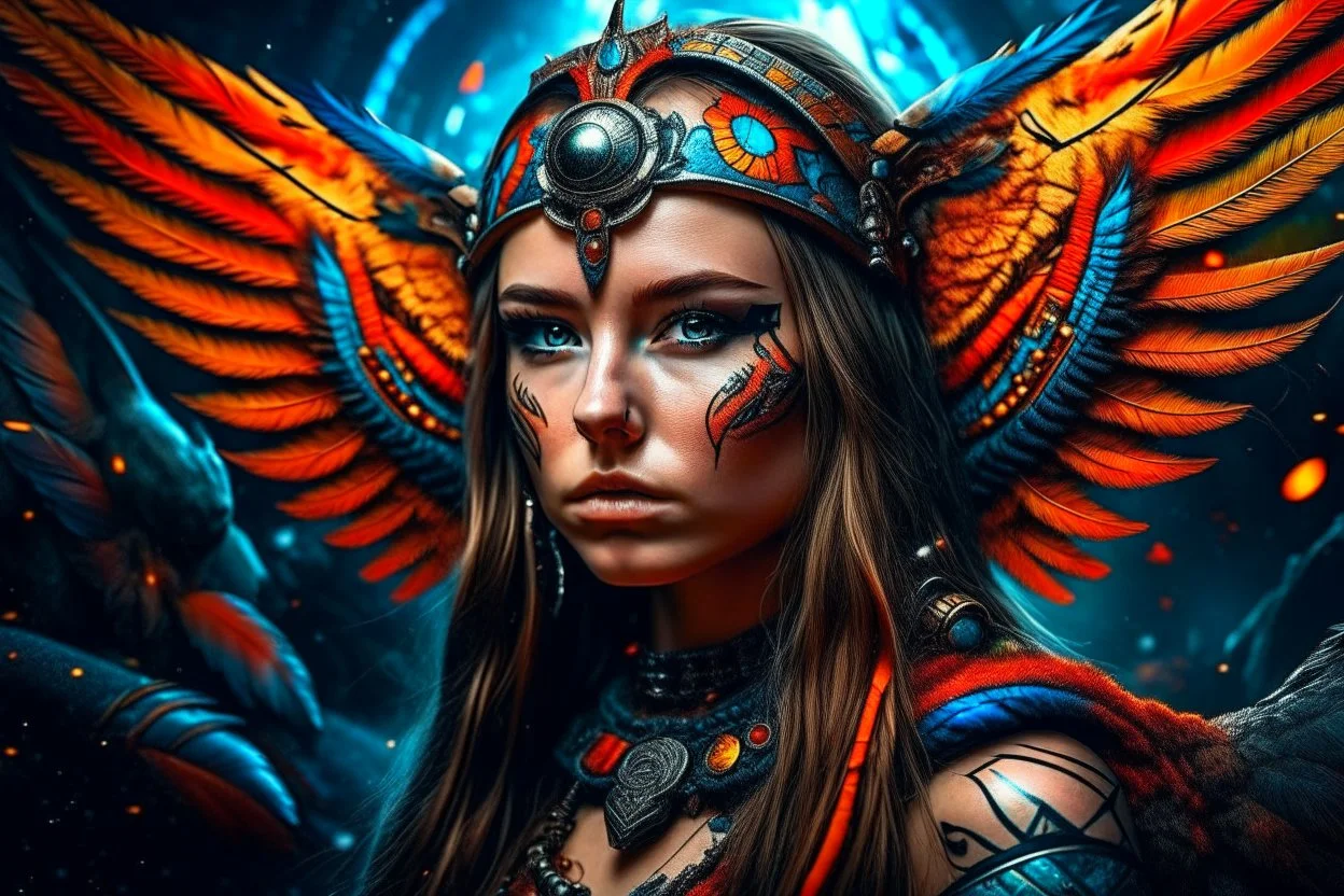 beautifull GIRL PRETTY FACE, an Aztec warrior QUEEN , FIGHTER, FREE WRESTLING , WARRIOR GIRL, PRETTY EYES highly detailed face, multicolored eyes , multicoloured hair, long hair, STARS GALAXY background, 4k, high resolution, CONCEPTUAL ART, CINEMATIC, PHOTO HD, MYSTIC, GHOTIC ART, ANGEL BIG LONG WINGS METAL CYBER, HIGH RESOLUTION, TATTOOS, FIRE SNAKE, PIRAMIDES,