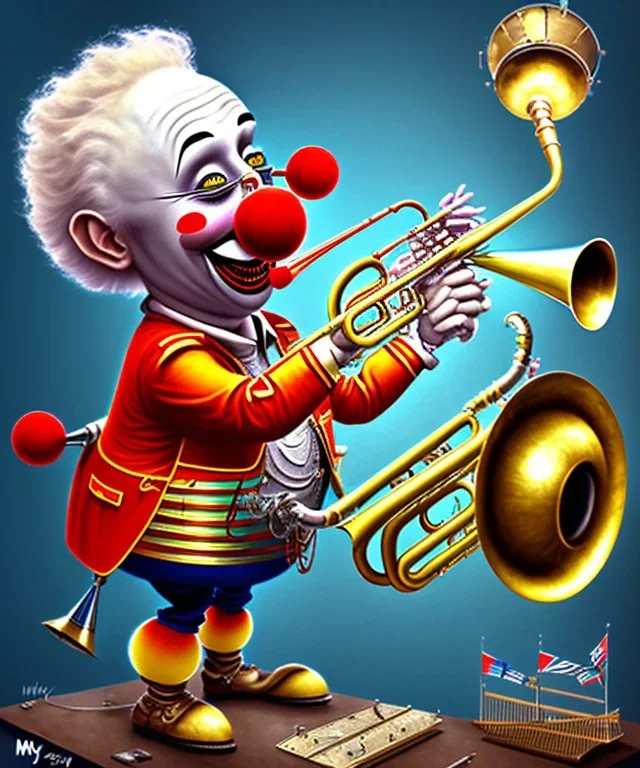 mechanoid happy friendly fat clown playing jazz with a steampunk theme, trumpet, danish flag, realistic