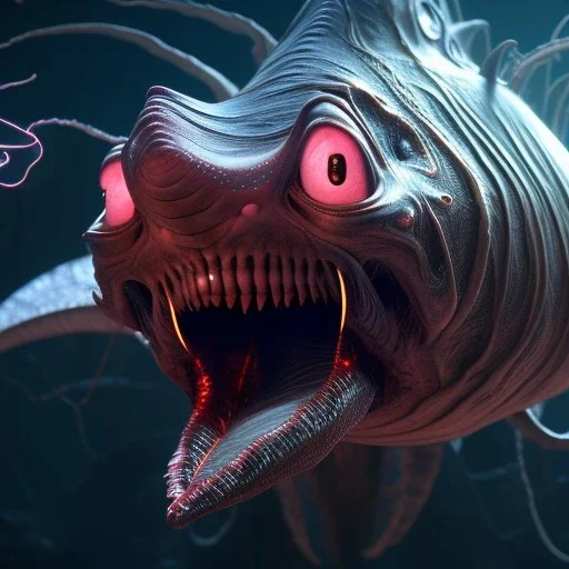 Fluid ink angler fish creature, very dark, low lighting, night,unreal engine 5, 8k resolution, photorealistic, ultra detailed